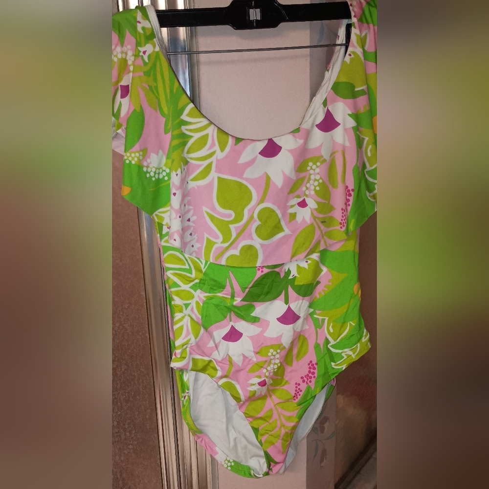 Trina Turk Pink Green La Palma Off The Shoulder One Piece S Swimsuit Bodysuit - Picture 4 of 7